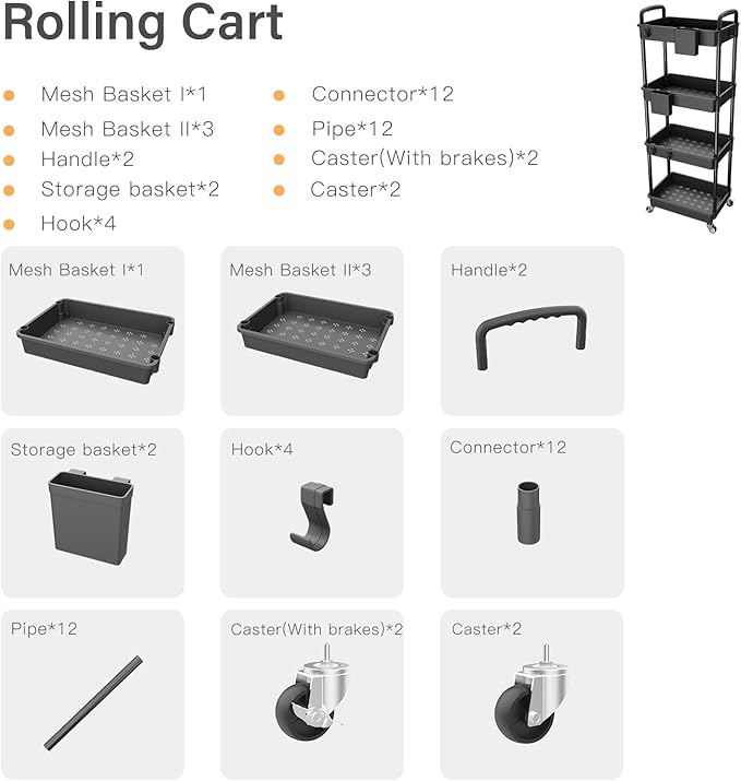 4 Tier Rolling Utility Cart with Handle,REBECAT Utility Cart Made of Multifunctional Storage Organizer Tool for Kitchen,Bathroom,Living Room,Office(Black)