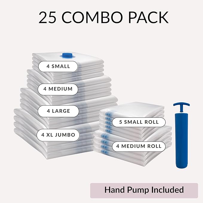 25 Pack Vacuum Storage Bags with Pump, Compression Space Saver for Comforter, Bedding, Blanket Storage, Vacuum Seal Bags for Clothing, Luggage and Closet Organizer-NeatNest