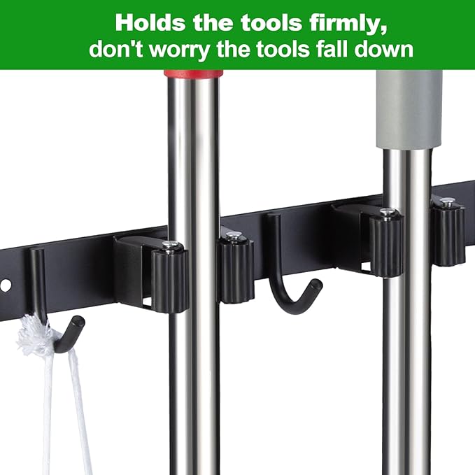voze 2 Racks and 3 Hooks Mop and Broom Holder Wall Mount, Self Adhesive Heavy Duty Broom Organizer Storage Tool Racks for Kitchen Garden Laundry Garage-NeatNest