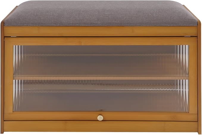 Eapmic Shoe Storage Bench, Entryway Shoe Rack Bench with Padded Seat Cushion, 2-Tier Shoe Cabinet, Bamboo Shoe Organizer for Hallway Bedroom Living Room Front Door (Brown, 27.56 * 12.6 * 16.53in)