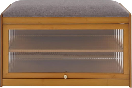 Eapmic Shoe Storage Bench, Entryway Shoe Rack Bench with Padded Seat Cushion, 2-Tier Shoe Cabinet, Bamboo Shoe Organizer for Hallway Bedroom Living Room Front Door (Brown, 27.56 * 12.6 * 16.53in)