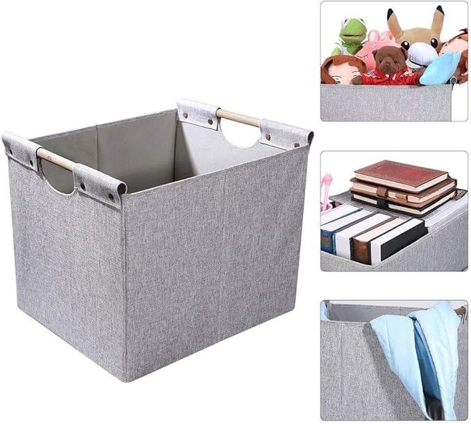 HOONEX Large Foldable Storage Bins, Linen Fabric, 2 Pack, with Wooden Carry Handles and Sturdy Heavy Cardboard, for Home, Office, Car, Nursery, Light Grey
