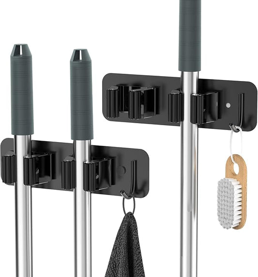 Mop Broom Holder Wall Mounted SUS304 Stainless Steel, HOMEASY Mop Broom Organizer with 2 Installation Methods (No Drilling & Screw Drilling Installation 2 In 1), Mop Hanger Heavy Duty with Hooks, 2PCS-NeatNest