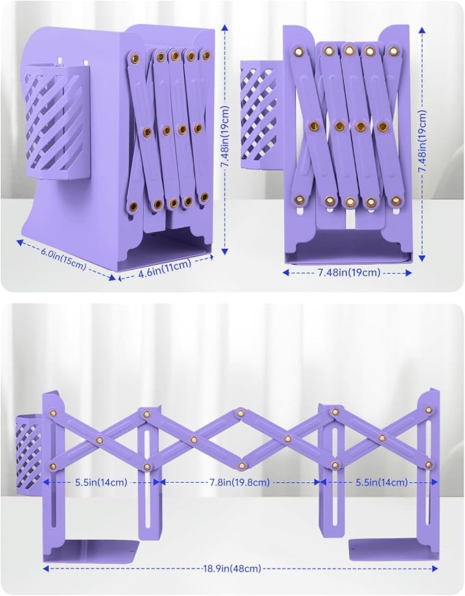 Honagu Adjustable Bookends, Metal Book Ends for Shelves Heavy Book, Desk Magazine File Organizer for Home, Office, Books, Papers, Extends up to 19 inches with Pen Holder (Purple)