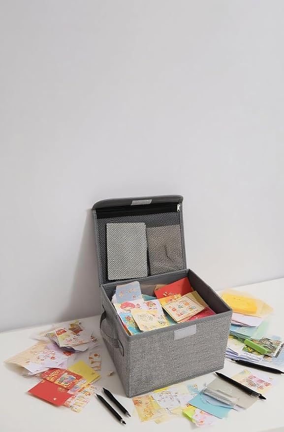 2 Pack Small Storage Box, Storage Basket with Lid, Foldable Cotton Linen Fabric Keepsake Box, Organizer Container with Zipper for Decorative, Medicine, Greeting Card Organizer.(Gray)-NeatNest