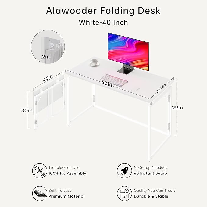 Folding Desk 40 Inch - Small Foldable Desk for Small Space Minimalist, Space Saving Collapsible Compact Desk Portable Table for Craft, Writing, Study and Work (No Assembly Required)-NeatNest