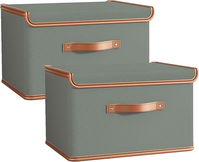 Tuza 2 Pack Storage Bins with Lids, Collapsible Closet Organizer Container, Fabric Organizer Box with Handles, Decorative Storage Boxes with Lids for Organizing Clothes, Blanket, Grey, Extra Large-NeatNest