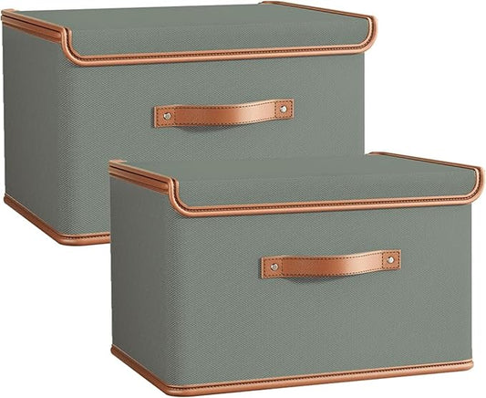 Tuza 2 Pack Storage Bins with Lids, Collapsible Closet Organizer Container, Fabric Organizer Box with Handles, Decorative Storage Boxes with Lids for Organizing Clothes, Blanket, Grey, Extra Large-NeatNest