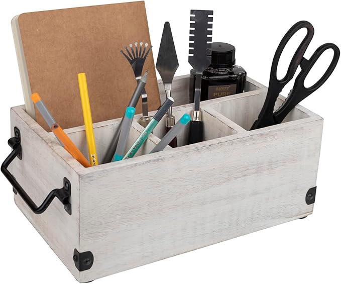 GoCraft 4-Compartment Flatware Caddy – Wooden Cutlery Holder with Napkin Holder, Silverware & Condiment Organizer, White Washed Mango Wood with Metal Handles, Perfect for Kitchen, Dining, and Picnics