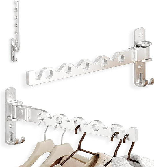 Dr.DJ Wall Hanger for Clothes, Coat Hanger Wall Mounted Silver Retractable Clothes Drying Organizer Rack Garment Hooks Aluminium Folding Indoor Space Save (2 Racks) Silver-NeatNest
