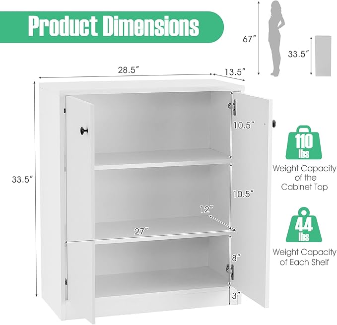 Giantex 2 Door Storage Base Cabinet - Freestanding Floor Cabinet with 3-Tier Shelf, Non-Slip Foot Pads, Kitchen Cupboard Storage Organizer for Living Room, Hallway, Entryway, Office (White)