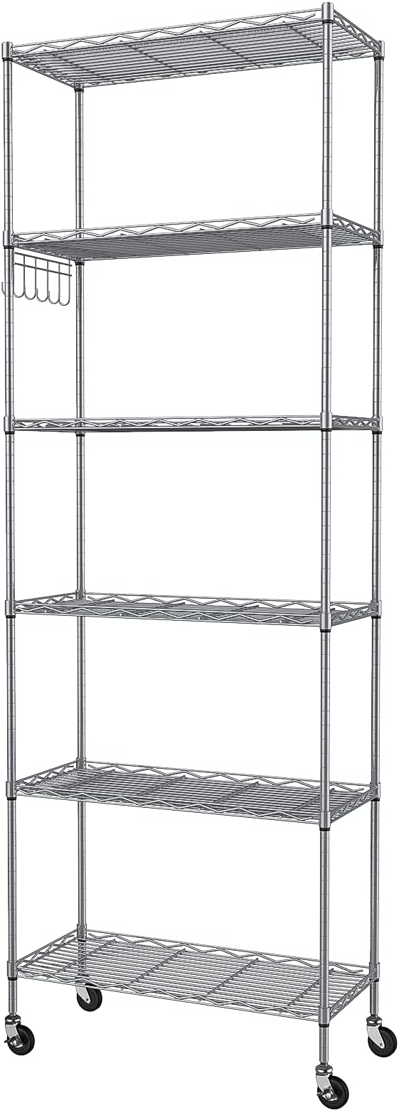 Homdox 6-Tier Storage Shelf Wire Shelving Unit Free Standing Rack Organization with Caster Wheels, Stainless Side Hooks, Silver Gray-NeatNest