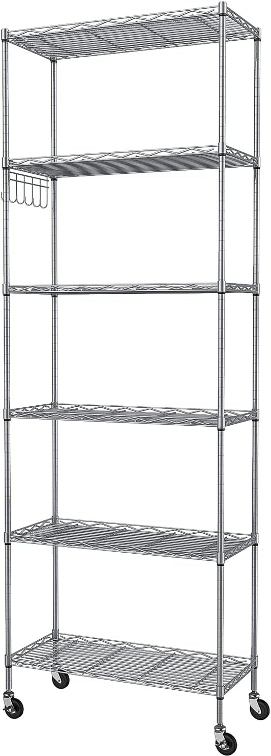 Homdox 6-Tier Storage Shelf Wire Shelving Unit Free Standing Rack Organization with Caster Wheels, Stainless Side Hooks, Silver Gray-NeatNest