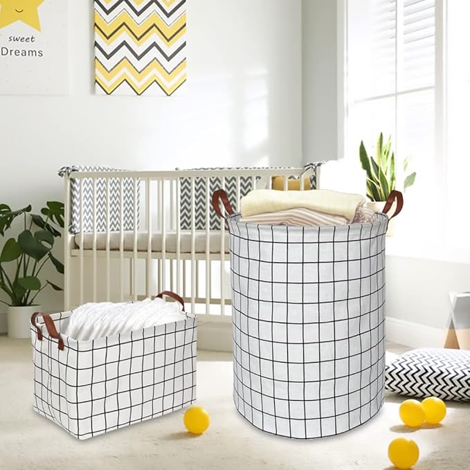 CLOCOR Rectangular Storage Basket, Collapsible Cute Pattern Storage Bin, Waterproof Coating Storage Box with Handles for Home Organization, Gift Basket (3 pack White checks)-NeatNest