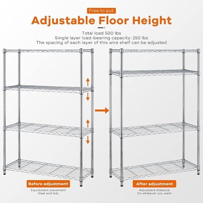4-Tier Storage Shelves Adjustable,Wire Shelving Heavy Duty Storage Rack(250 Lbs Loading Capacity/Shelf) Metal Organizer Wire Rack Shelf for Pantry Garage Kitchen 36" D x14 W x 54" H -Chrome-NeatNest