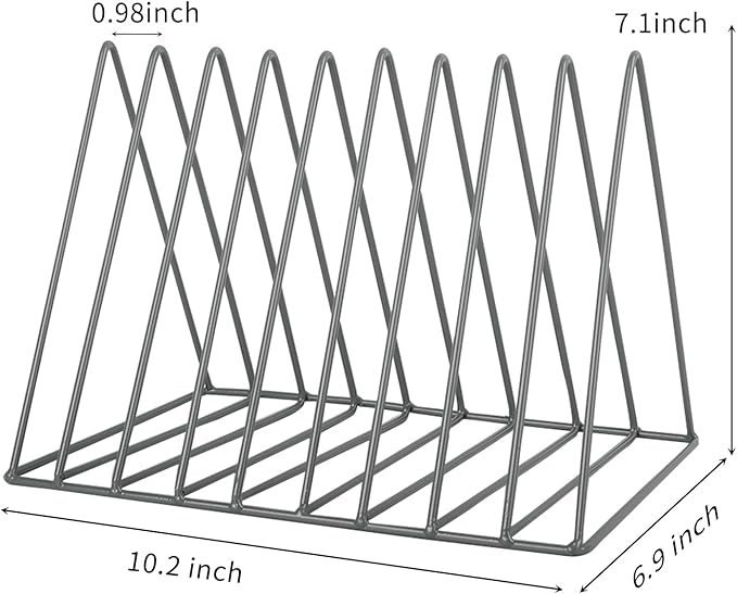 EASEPRES Vinyl Record Holder Storage, 9 Slot Metal Magazine Book Album Display Rack, Stylish Triangle Desktop File Sorter Organizer for Home Office, Grey Pack of 2