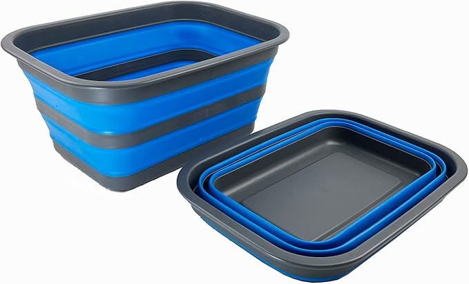 SAMMART 12L (3.17Gallon) Collapsible Tub - Portable Outdoor Picnic Tray - Portable Washing Basin - Space Saving Plastic Washtub (Grey/Blue (Set of 2))