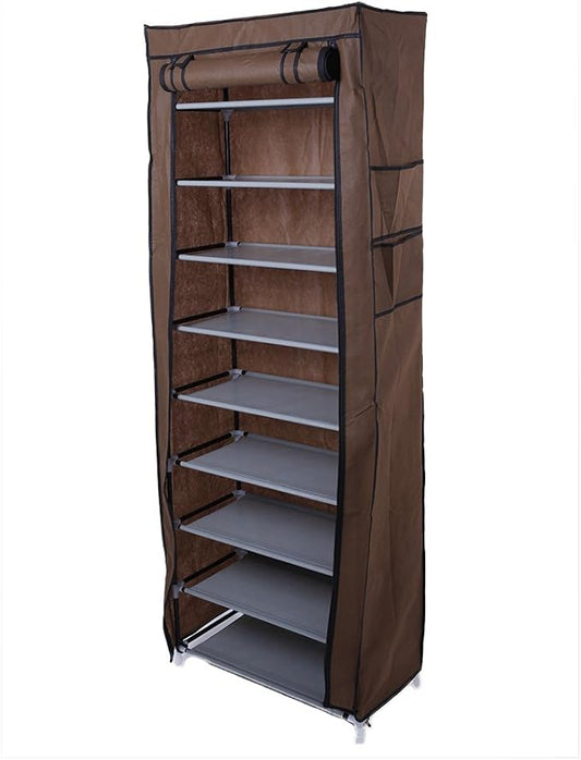 10 Tiers Shoe Rack with Dustproof Cover 27 Pair Shoe Tower Stand Sturdy Shelf Storage Organizer Cabinet Perfect for Bedroom, Closet, Entryway, Dorm Room (Coffee)-NeatNest