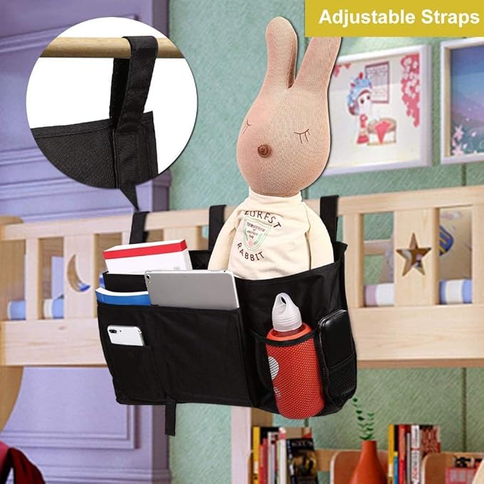 Bunk Bed Organizer, Bedside Storage Caddy, Hanging Pocket for Camp, Dorm Room, Hospital Bed Rail and More (Black)-NeatNest