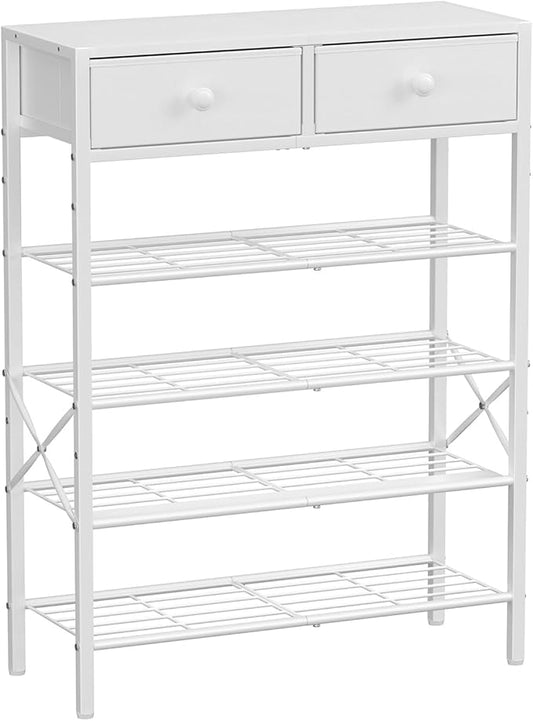 Shoe Rack for Entryway, 5 Tier Shoe Organizer with 2 Non-Woven Drawers, Metal Storage Shoe Shelf for 16-20 Pairs of Shoes, with Wooden Top and Steel Frame, Shoe Stand for Closet Greige-NeatNest