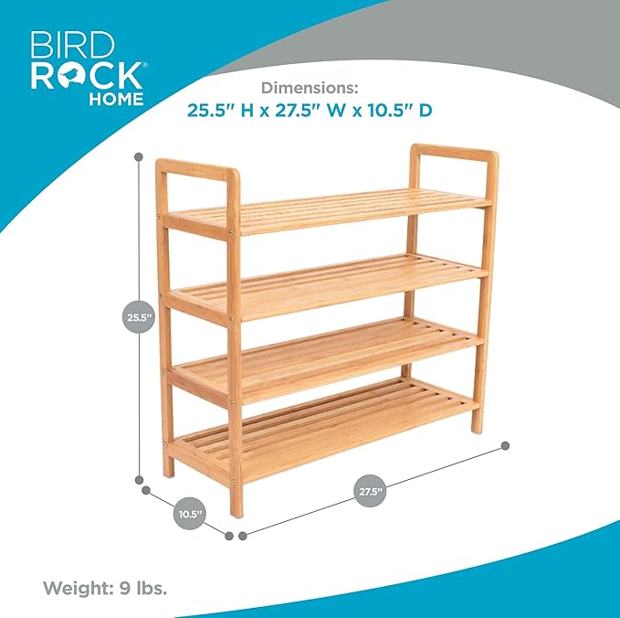 BIRDROCK HOME 4-Tier Bamboo Shoe Rack - Lightweight Wooden Organizer - Free Standing Storage Shelf for Closets, Hallways, Entryways, Mudrooms, and Front Doors - Art Deco Style - Fits 12 Pairs of Shoes-NeatNest
