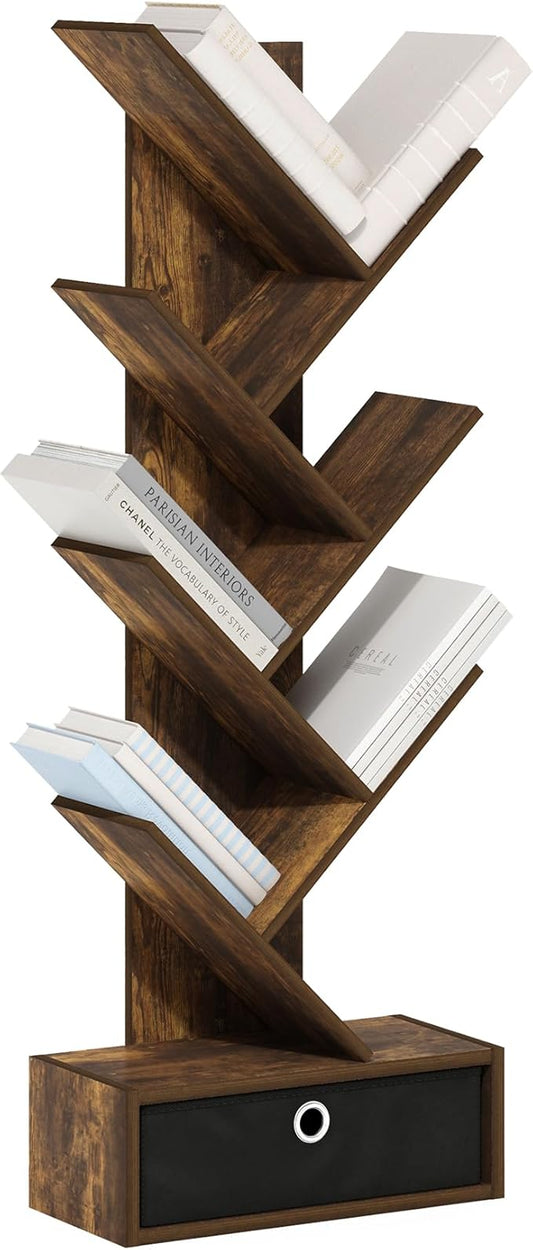 Furinno Tree Bookshelf 7-Tier Floor Standing Tree Bookcase with Bin Drawer, Amber Pine/Black