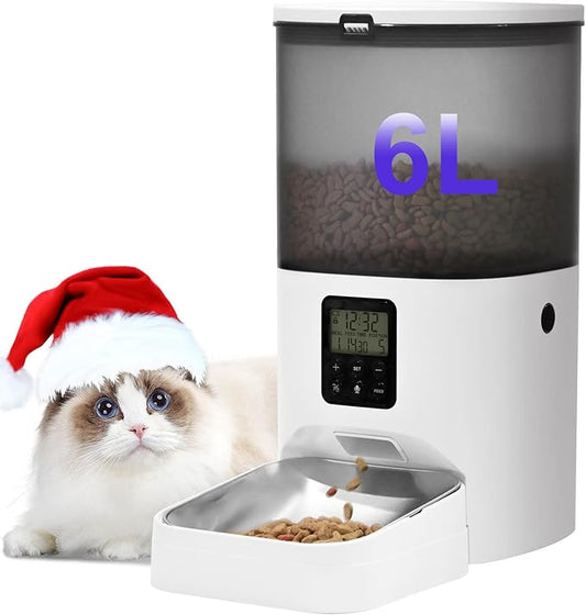 Automatic Cat Feeder, 6L Cat Food Dispenser with 10s Voice Recorder, Pet Feeder up to 8 Meals per Day, Timed Feeder with Dry Food Sealed Ring (Jade White, 6L)-NeatNest