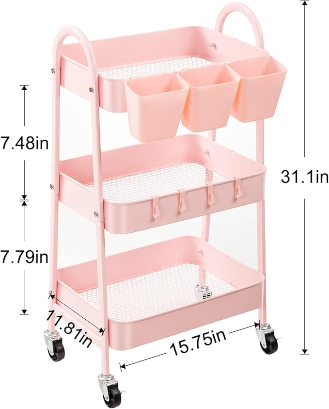 Danpinera 3-Tier Rolling Cart, Metal Storage Cart with Lockable Wheels, Hanging Cups & Hooks, Mobile Trolley for Kitchen, Bathroom, Office, Workshop, Pink-NeatNest