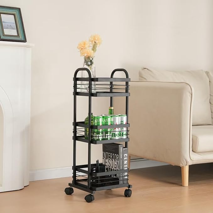 CHPHI 3 Tier Rolling Utility Cart Organizer, Stable and Sturdy Black Rolling Storage Carts with 2 Lockable Wheels, Multifunctional Storage for Kitchen, Bathroom & Laundry