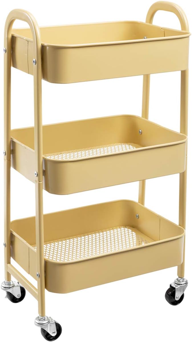 AGTEK Makeup Cart, Movable Rolling Organizer Cart, Khaki Yellow 3 Tier Metal Utility Cart-NeatNest