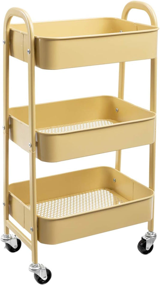 AGTEK Makeup Cart, Movable Rolling Organizer Cart, Khaki Yellow 3 Tier Metal Utility Cart-NeatNest
