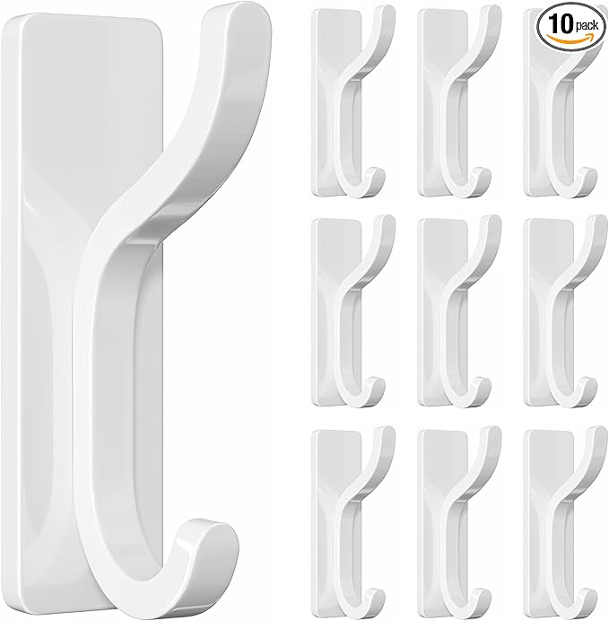 10-Pack Self Adhesive Wall Hooks for Hanging - 13 LB Strong Hold, Sticky Hangers for Coat, Towel, Purse, Keys, Bag - for Wall, Door, Bathroom, Shower, Dorm, Kitchen - Stainless Metal, White