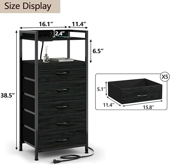Furnulem Night Stand with Charging Station, Tall Black Dresser for Bedroom, Nightstand with Led Light, Bed Side Table for Living Room, Fabric Storage Drawer, Metal Frame, Wood Furniture