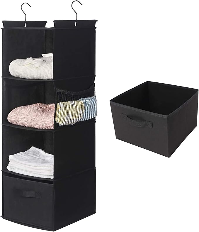 MAX Houser 4-Shelf Hanging Closet Organizer, Space Saver, Cloth Hanging Shelves with 2 Side Pockets, Foldable (Black)-NeatNest
