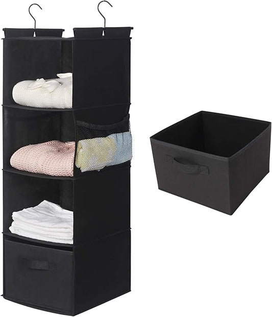 MAX Houser 4-Shelf Hanging Closet Organizer, Space Saver, Cloth Hanging Shelves with 2 Side Pockets, Foldable (Black)-NeatNest