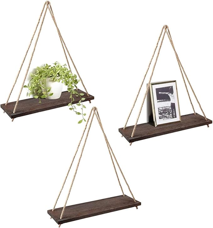 Hanging Shelves for Wall Wooden Floating Shelves Plant Shelf Macrame Rope Triangle Shelf, Natural Reclaimed Wood, Farmhouse Rustic Modern Aesthetic, Boho Dorm Living Room Bedroom Decor-Beige-NeatNest