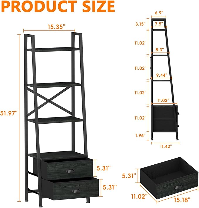 Furologee 4-Tier Ladder Shelf,Small Bookshelf with 2 Drawers,Vertical Bookcase Storage Rack Organizer,Rustic Bookshelves for Living Room,Bedroom,Bathroom,Home Office,Kitchen,Rustic Brown,Black Oak