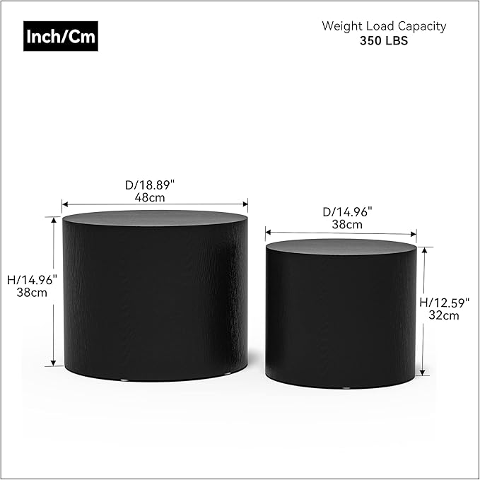 2-Piece Round Nesting Coffee Table, Circle End Table Wood Accent Table, Minimalist Side Table Set for Small Spaces, Living Room, Apartment(Black)