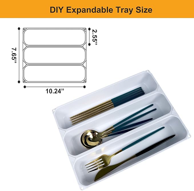 custom silverware tray small drawer organizer for utensils holder 7.5 ines cutlery tray, DIY organizer for silverware, flatware, knives in Kitchen, white (White, Small)10.25 * 7.65 in 3IN1-NeatNest