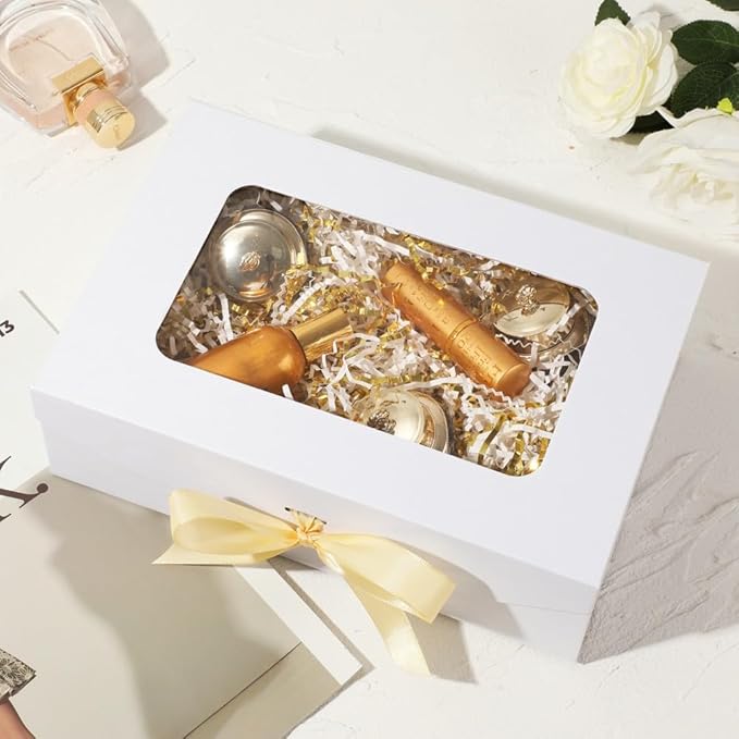 5 Pcs White Gift Box for Presents with Ribbon 10.8x7.5x3.5 Inches Clear Gift Box with Window Magnetic Closure Gift Boxes with Lids-NeatNest