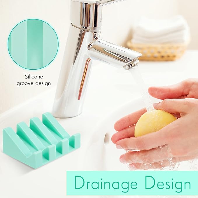 Cunhill 2 Pieces Silicone Soap Dish Self Draining Soap Dish Shower Waterfall Bar Soap Holder Tray with Drain Soap Saver for Kitchen Bathroom Accessories (Turquoise)-NeatNest