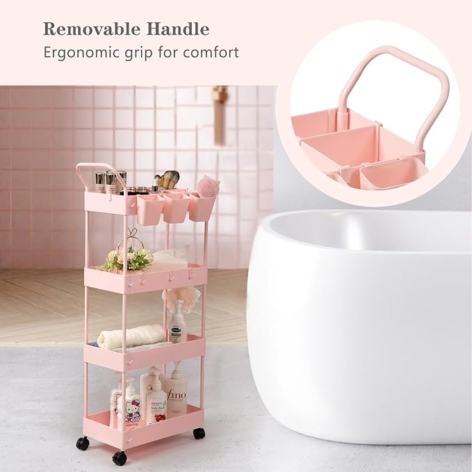 danpinera Slim Storage Cart, 4 Tier Bathroom Organizer Narrow Laundry Cart with Wheels Dividers Hanging Cups Hooks Handle Makeup Lash Cart Shelf Organizer Rack Unit Easy Assembly, Pink