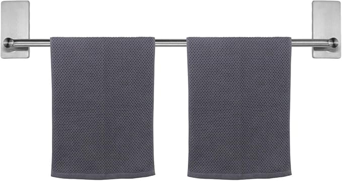 NearMoon Self Adhesive Bathroom Towel Bar- Stainless Steel Bath Wall Shelf Rack Hanging Towel Stick On Sticky Hanger Contemporary Style, NO Drilling (1 Pack, Brushed Nickel, 27-Inch Towel Rack)