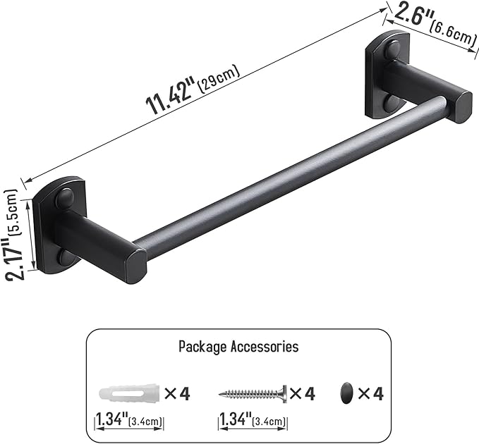Black Towel Bar, Hand Towel Rack for Bathroom Wall Mounted Towel Hanger, Kitchen Bath Towel Holder, Toilet Towel Rod,12 Inch