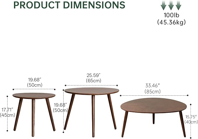 Small Oval Nesting Table, Mid Century Coffee Tables for Living Room,Solid Oak Wood Side Table,Triangle Tabletop with 3 Legs,Minimalist Display End Tables (Walnut Color, 3 Pieces)