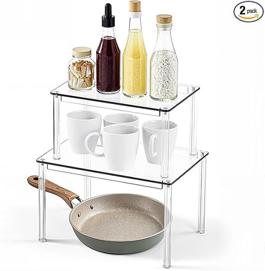 Acrylic Cabinet Organizer Shelf-2 Pack,Stackable Spice Rack Organizer for Cabinet,Clear Shelves for Kitchen Organizers and Storage-NeatNest