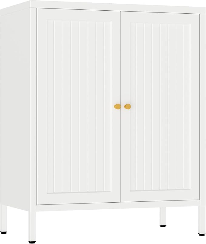 2 Door Metal Accent Cabinet, Small Sideboard, Locker Style Accent Storage Cabinet with Doors and Adjustable Shelves for Home, Office, Living Room, Kitchens (Stripe Door, White)