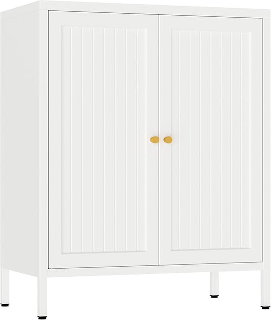 2 Door Metal Accent Cabinet, Small Sideboard, Locker Style Accent Storage Cabinet with Doors and Adjustable Shelves for Home, Office, Living Room, Kitchens (Stripe Door, White)