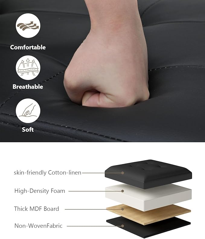 Folding Storage Ottoman Bench, Multi-Functional Ottoman Footrest, End of Bed Bench, Storage Chest for Living Room, Bedroom, Hallway, Entryway, Holds Up to 700 lbs (Black, 43 Inches)