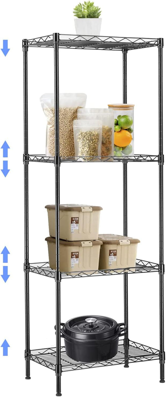 4 Tier Narrow Wire Shelving Unit, Adjustable Narrow Metal Shelf, Narrow Storage Shelves for Small Spaces, Laundry, Bathroom, Kitchen, Pantry, 12" D X 18" W X 50" H, 265 LBS Capacity, Black